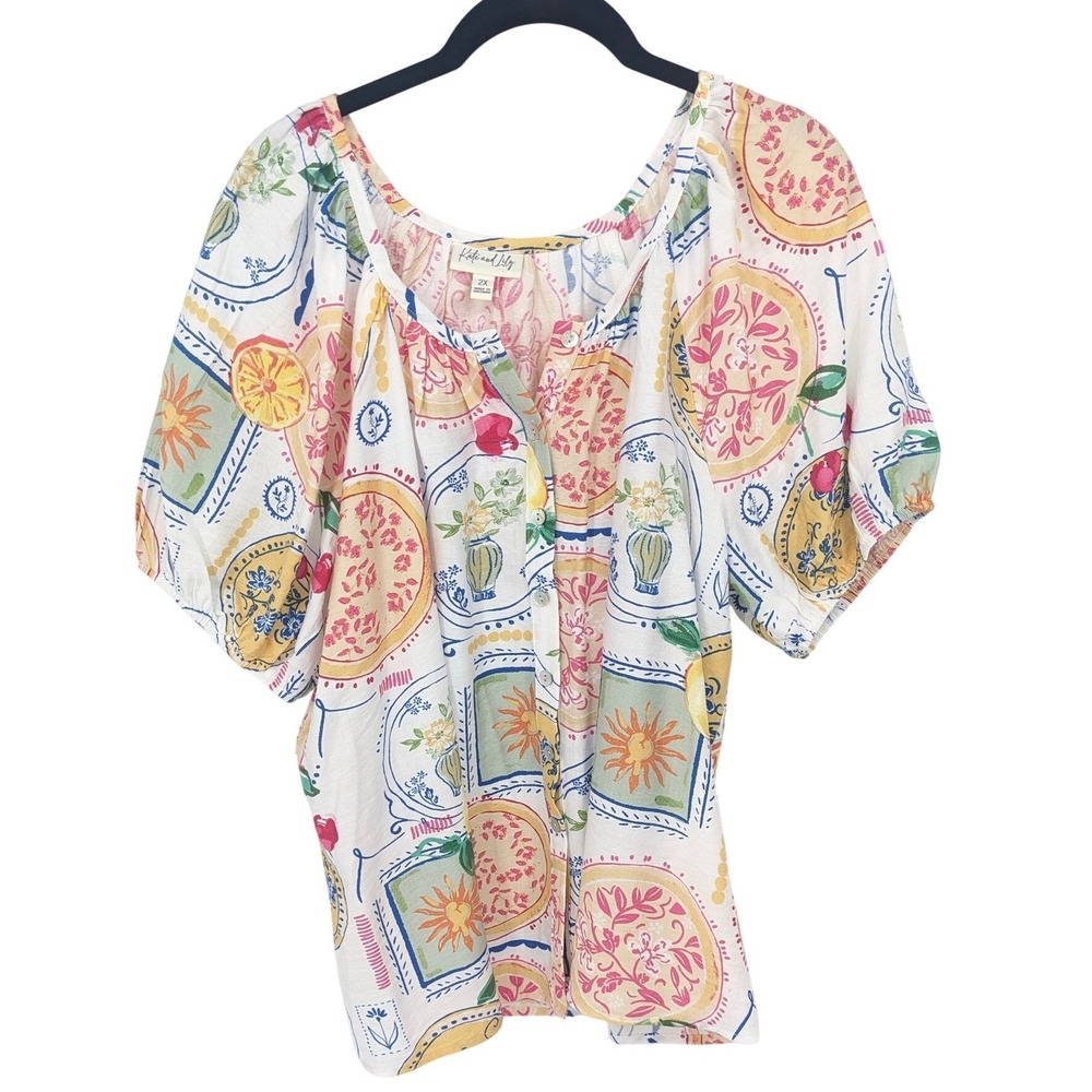 Kate‎ and Lily Womens Top Plus 2X White Multicolor Floral Blouse Cottagecore